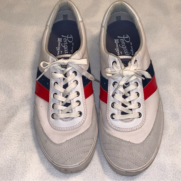Original Penguin Mens Sz 12 Sneakers White Red/Blue Stripes Canvas Leather - Picture 1 of 9